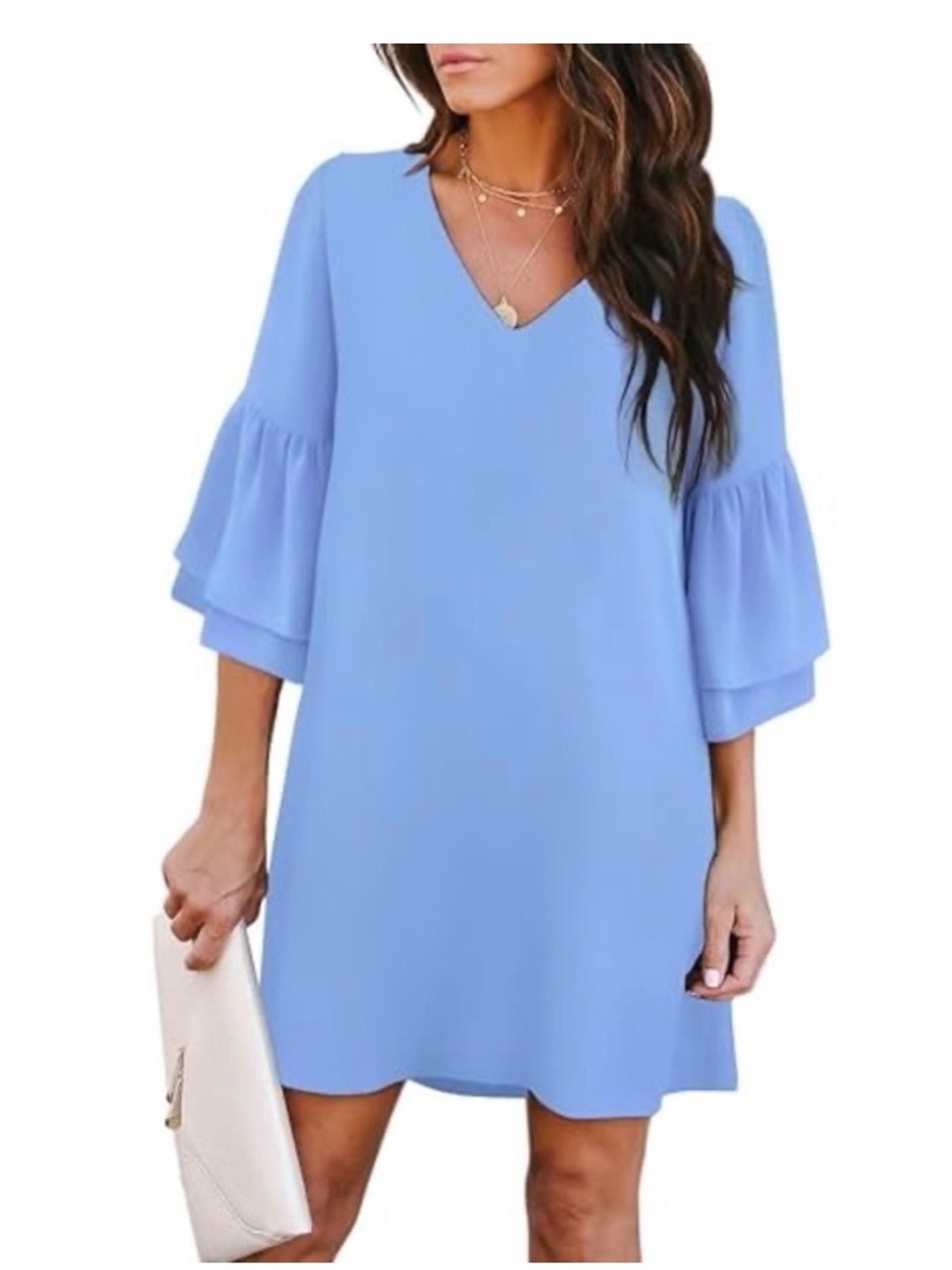 Women’s Light Blue V-Neck Ruffle Sleeve Mini Dress